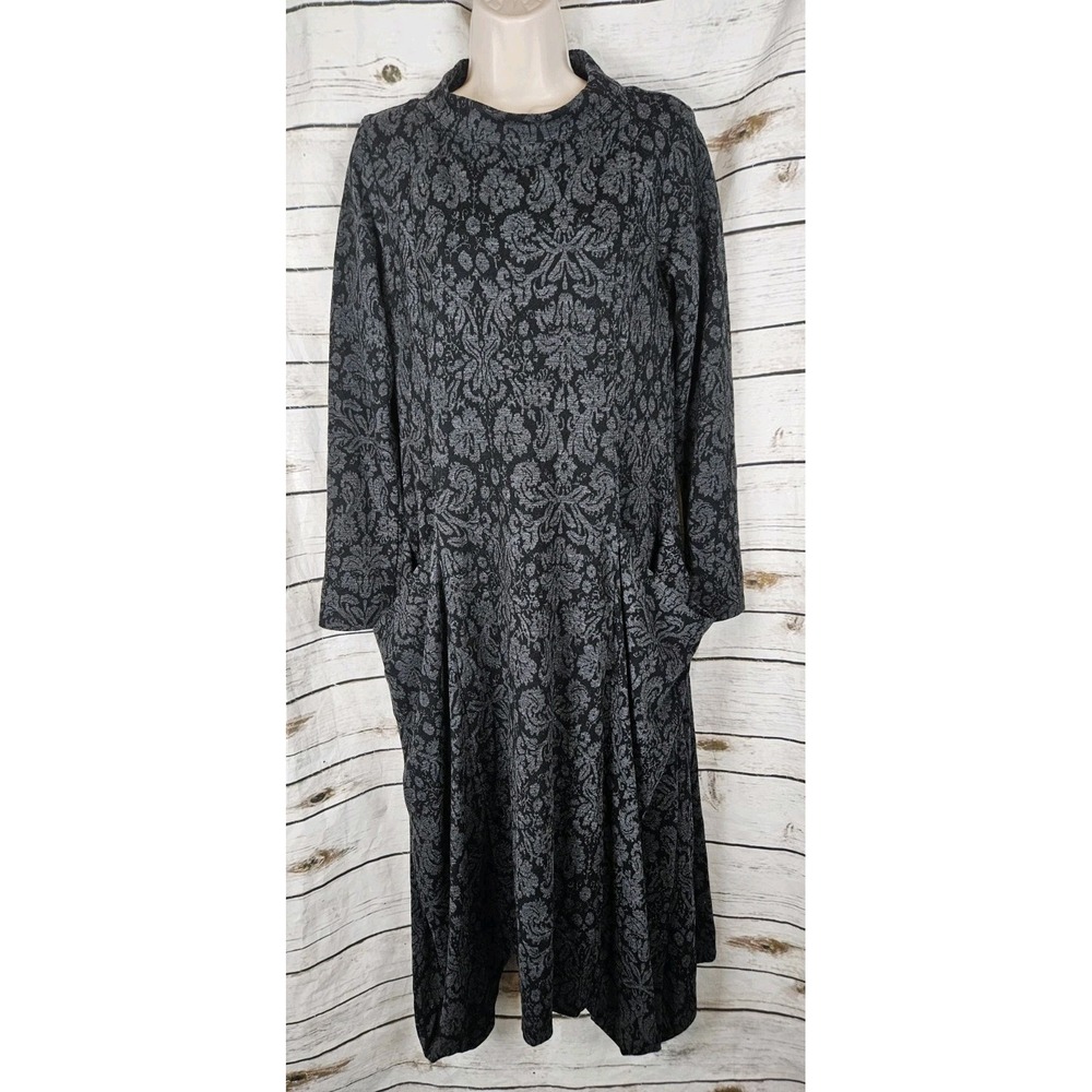 Spirit House Black Gray Floral Knit Dress S Lagenlook Cocoon Midi Funnel Neck